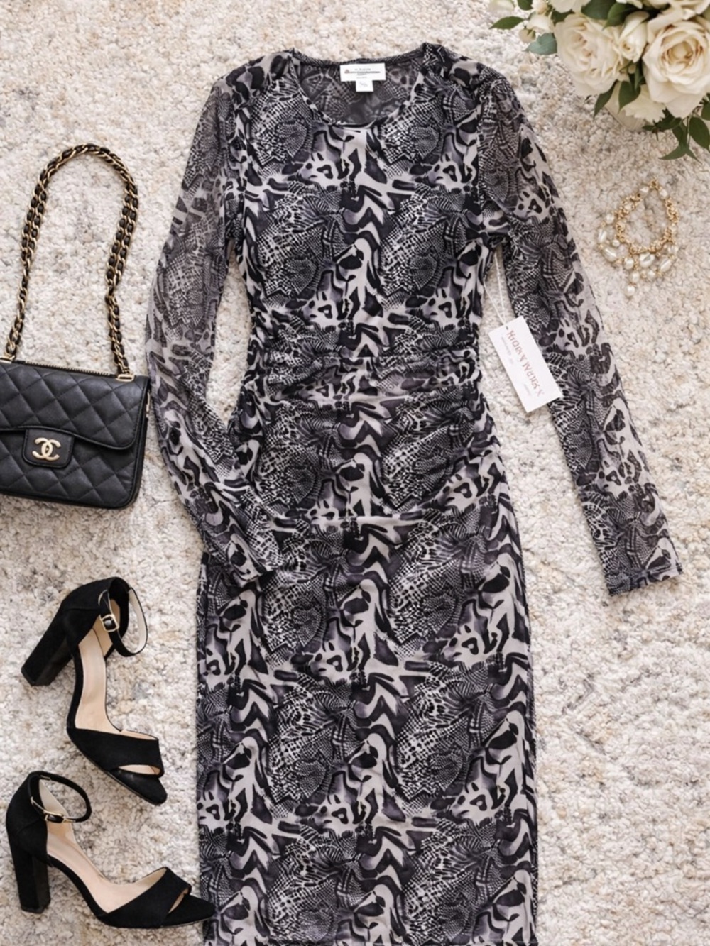 Karen Kane Animal Print Ruched Mesh Midi Dress XS NWT Fall Date Night